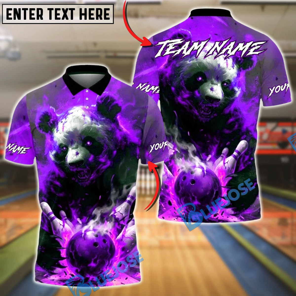 BlueJose Bowling & Pins Angry Panda Fire Graphic Customized Name, Team Name 3D Shirt (4 Colors)