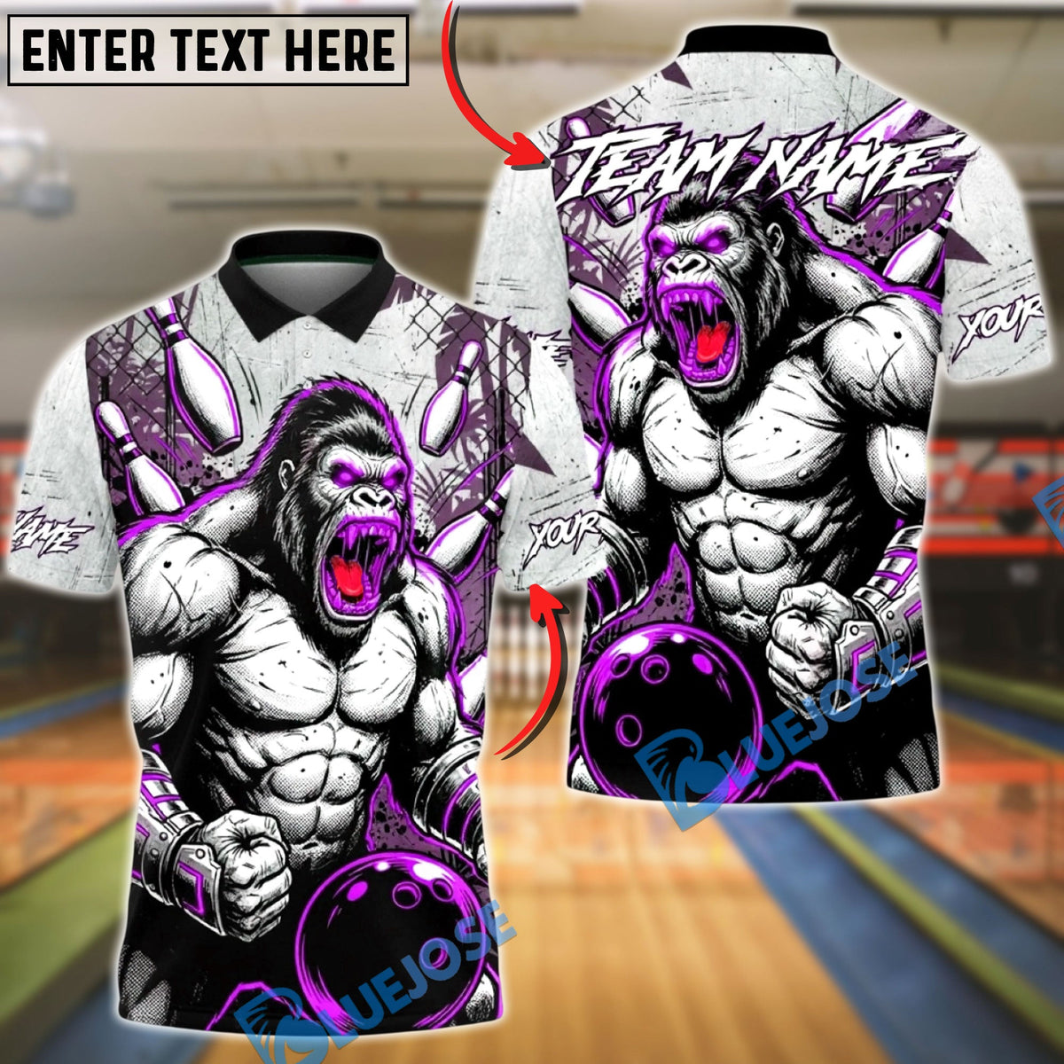 BlueJose Bowling & Pins Muscular Gorilla Strike Bowling Art Customized Name, Team Name 3D Shirt (4 Colors)