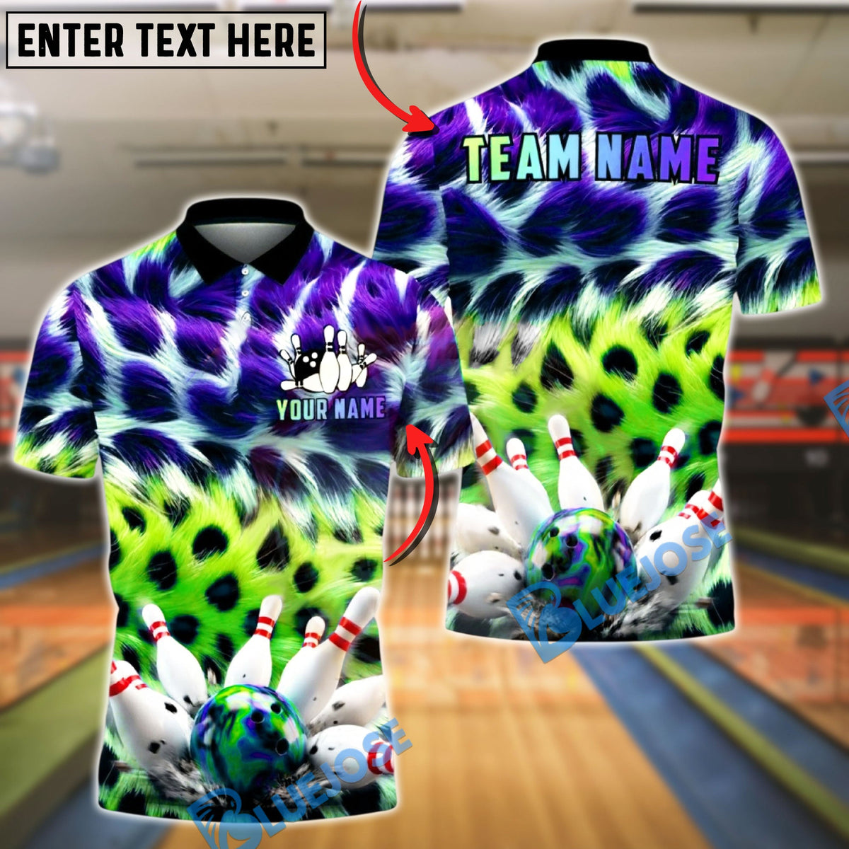 BlueJose Bowling & Pins Colorful Fur Texture Design Customized Name, Team Name 3D Shirt (4 Colors)