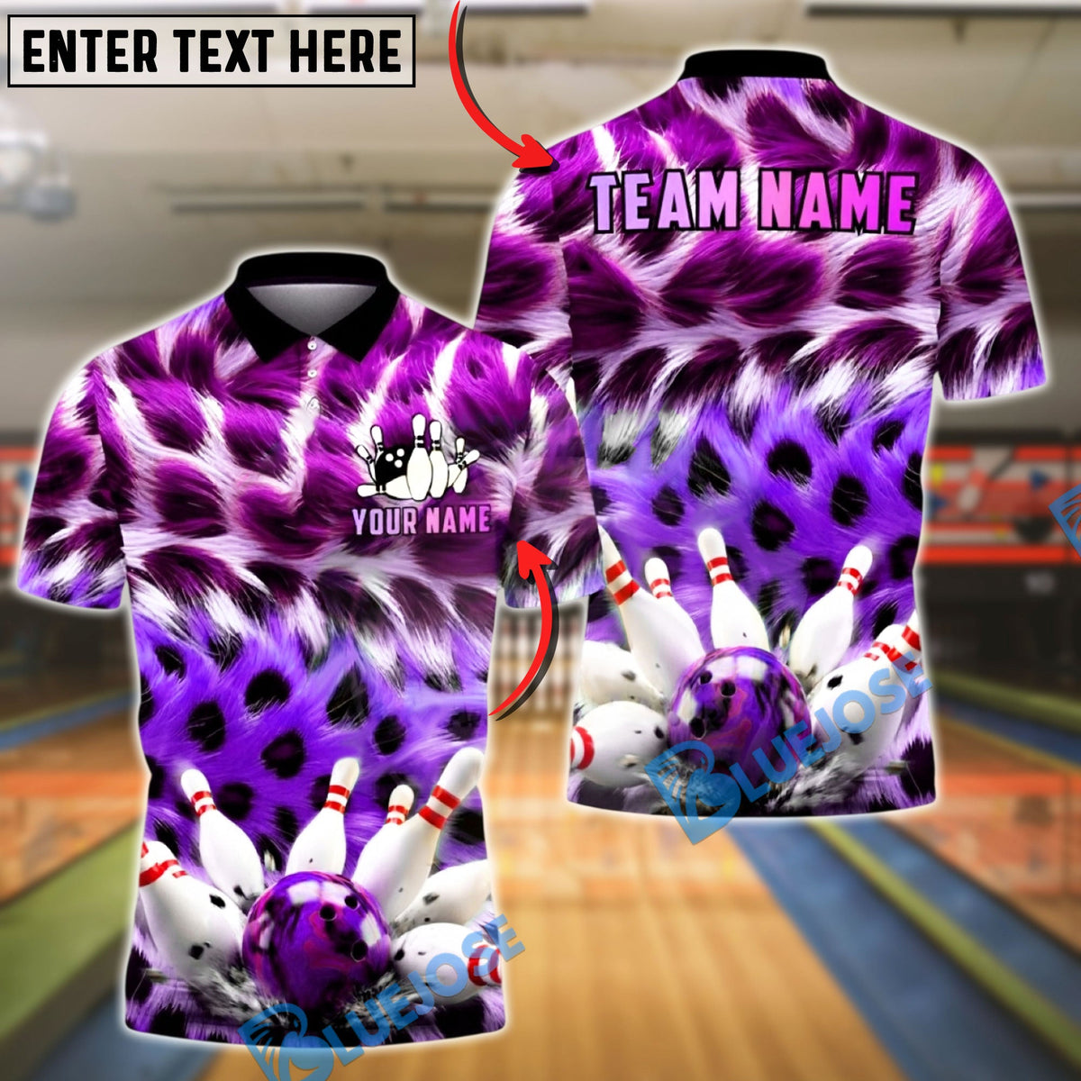 BlueJose Bowling & Pins Colorful Fur Texture Design Customized Name, Team Name 3D Shirt (4 Colors)