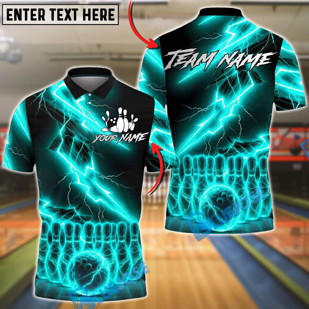 BlueJose Bowling & Pins Electric Lightning Strike Effect Customized Name, Team Name 3D Shirt (4 Colors)