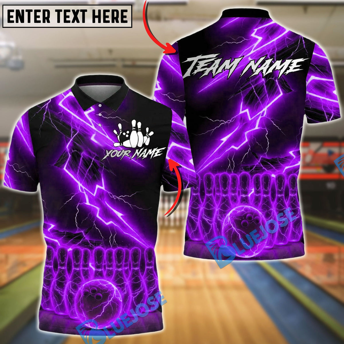 BlueJose Bowling & Pins Electric Lightning Strike Effect Customized Name, Team Name 3D Shirt (4 Colors)