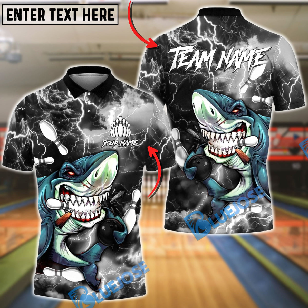 BlueJose Bowling & Pins Shark Lightning Graphic Customized Name, Team Name 3D Shirt (6 Colors)