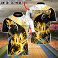 BlueJose Bowling & Pins Gold Marble Smoke Luxury Customized Name, Team Name 3D Shirt (6 Colors)
