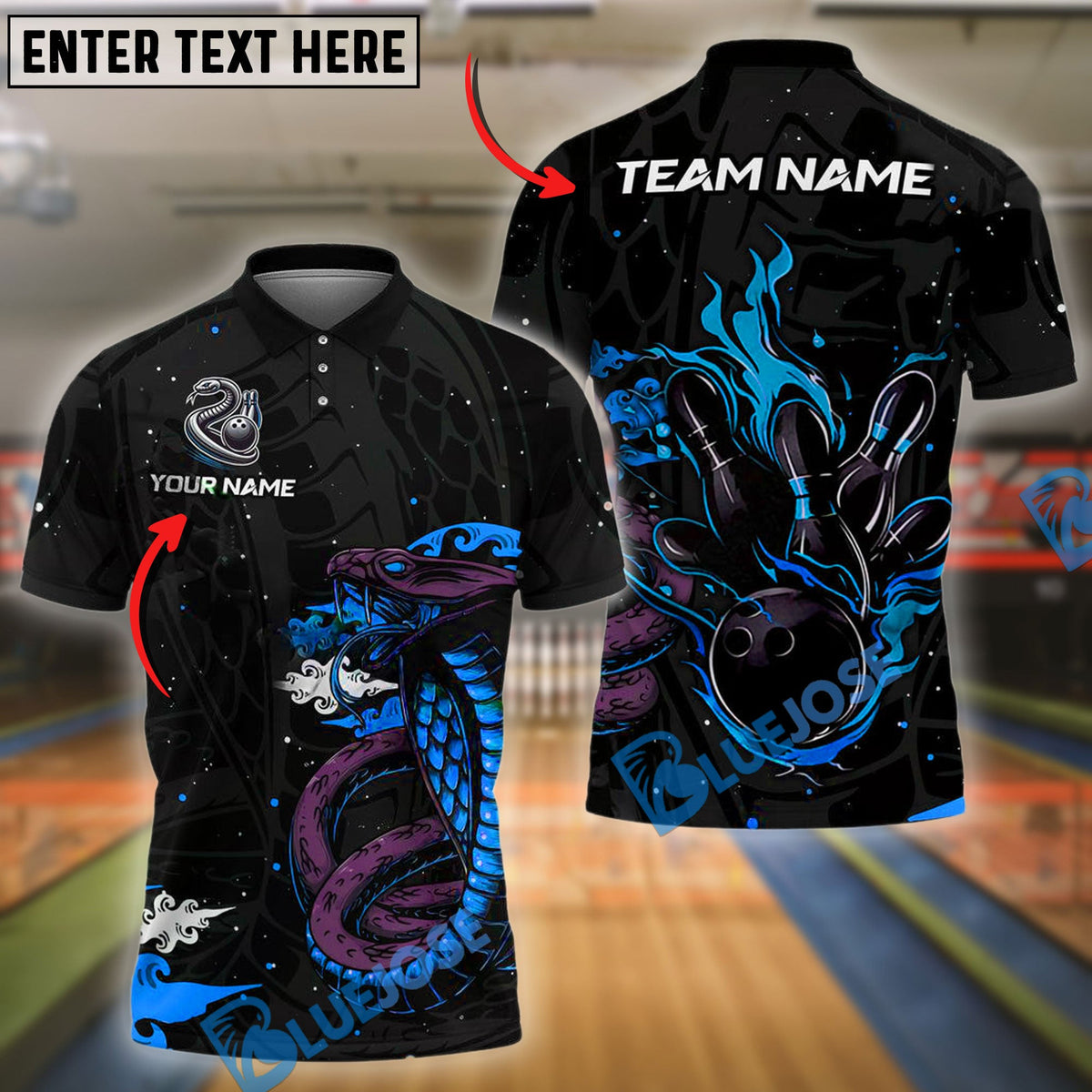 BlueJose Bowling And Pins Black & Neon Venomous Snake Customized Name And Team Name 3D Shirt (4 Colors)