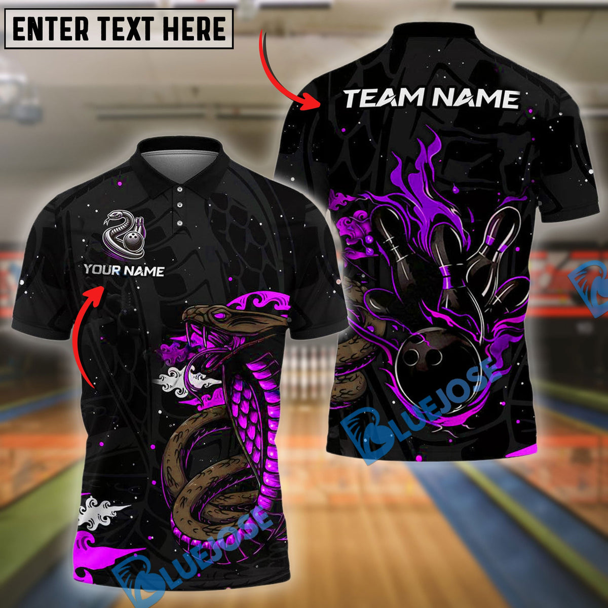 BlueJose Bowling And Pins Black & Neon Venomous Snake Customized Name And Team Name 3D Shirt (4 Colors)