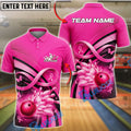 BlueJose Bowling And Pins Pink Breast Cancer Ribbon Strike Graphic Customized Name, Team Name 3D Shirt
