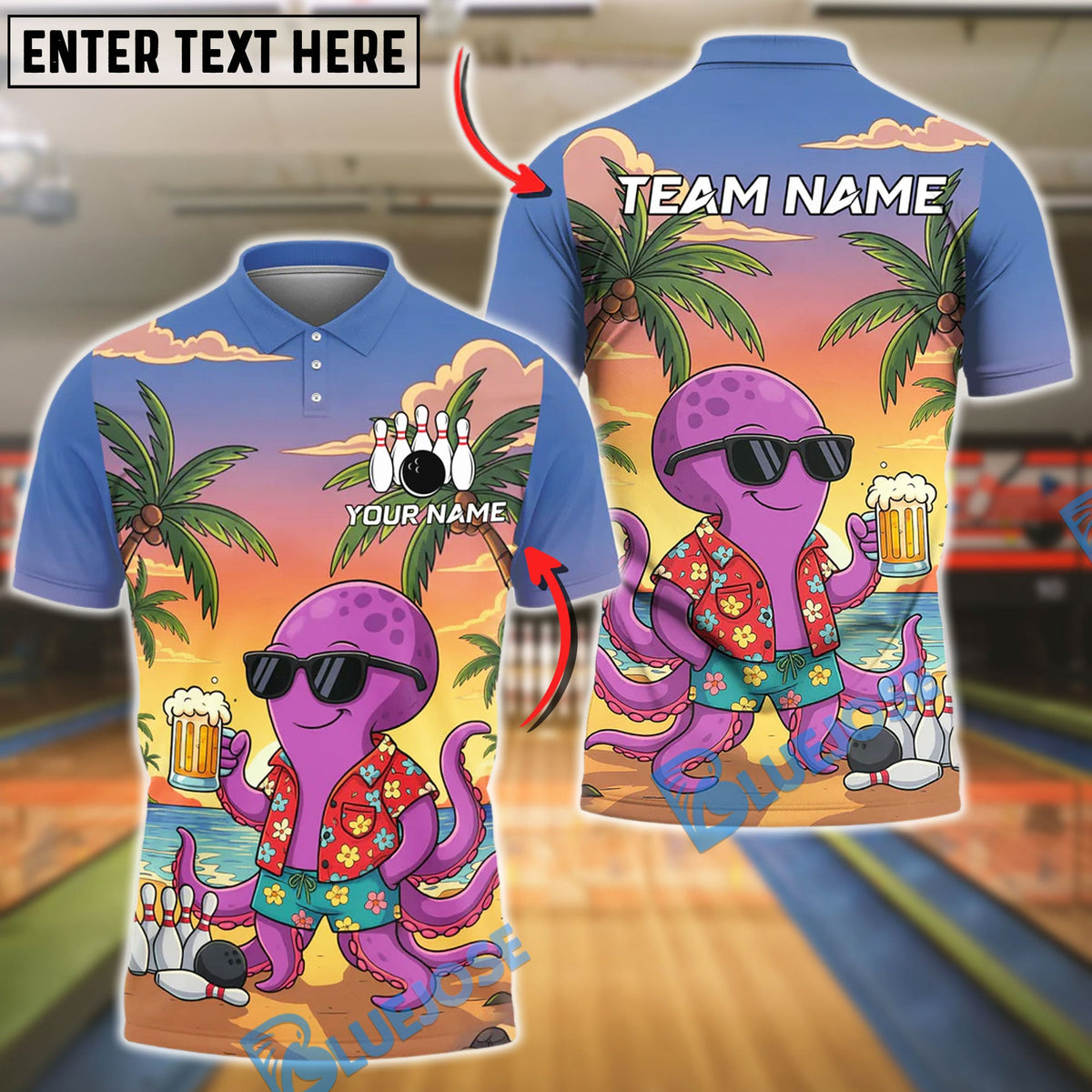 BlueJose Bowling Beach Octopus Hawaiian Beer Cartoon Personalized Name, Team Name 3D Shirt