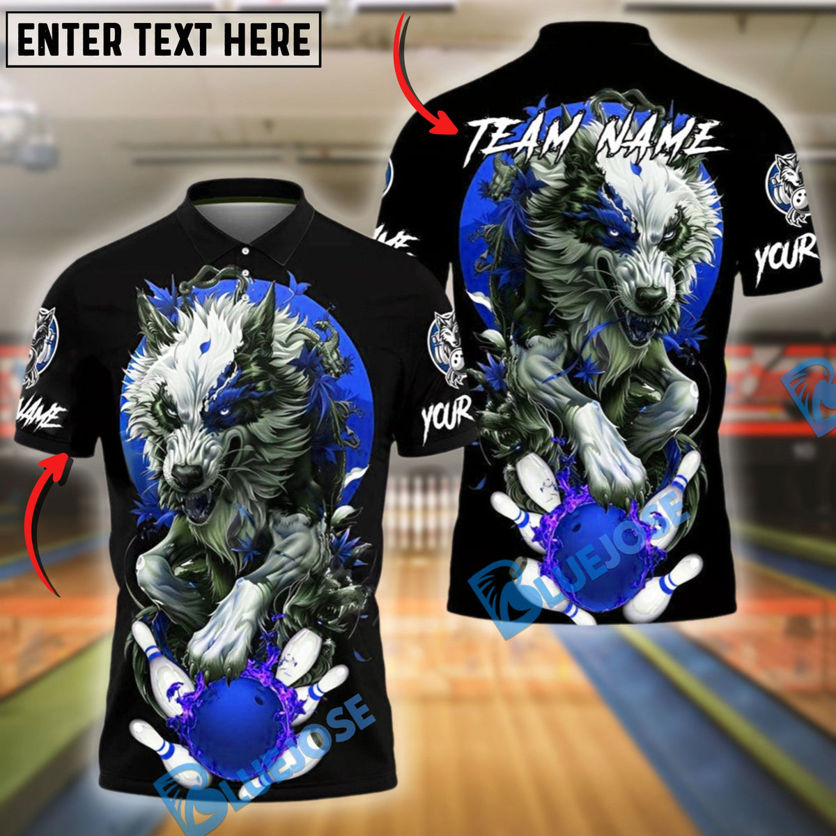 BlueJose Bowling And Pins Wolf With Dragon Pattern Customized Name And Team Name 3D Shirt (4 Colors)