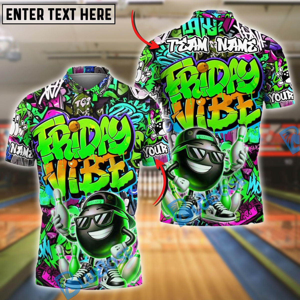 BlueJose Bowling And Pins Friday Vibe Graffiti Street Style Customized Name, Team Name 3D Shirt (4 Colors)