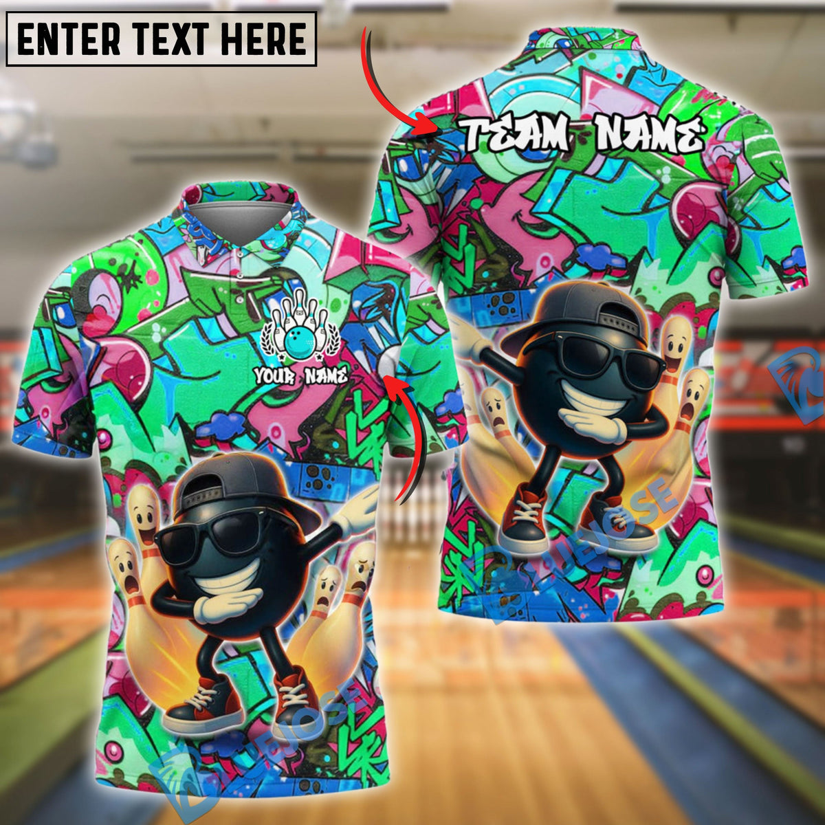BlueJose Bowling And Pins Funny Cartoon Vibe Dabbing Ball Customized Name, Team Name 3D Shirt (4 Colors)