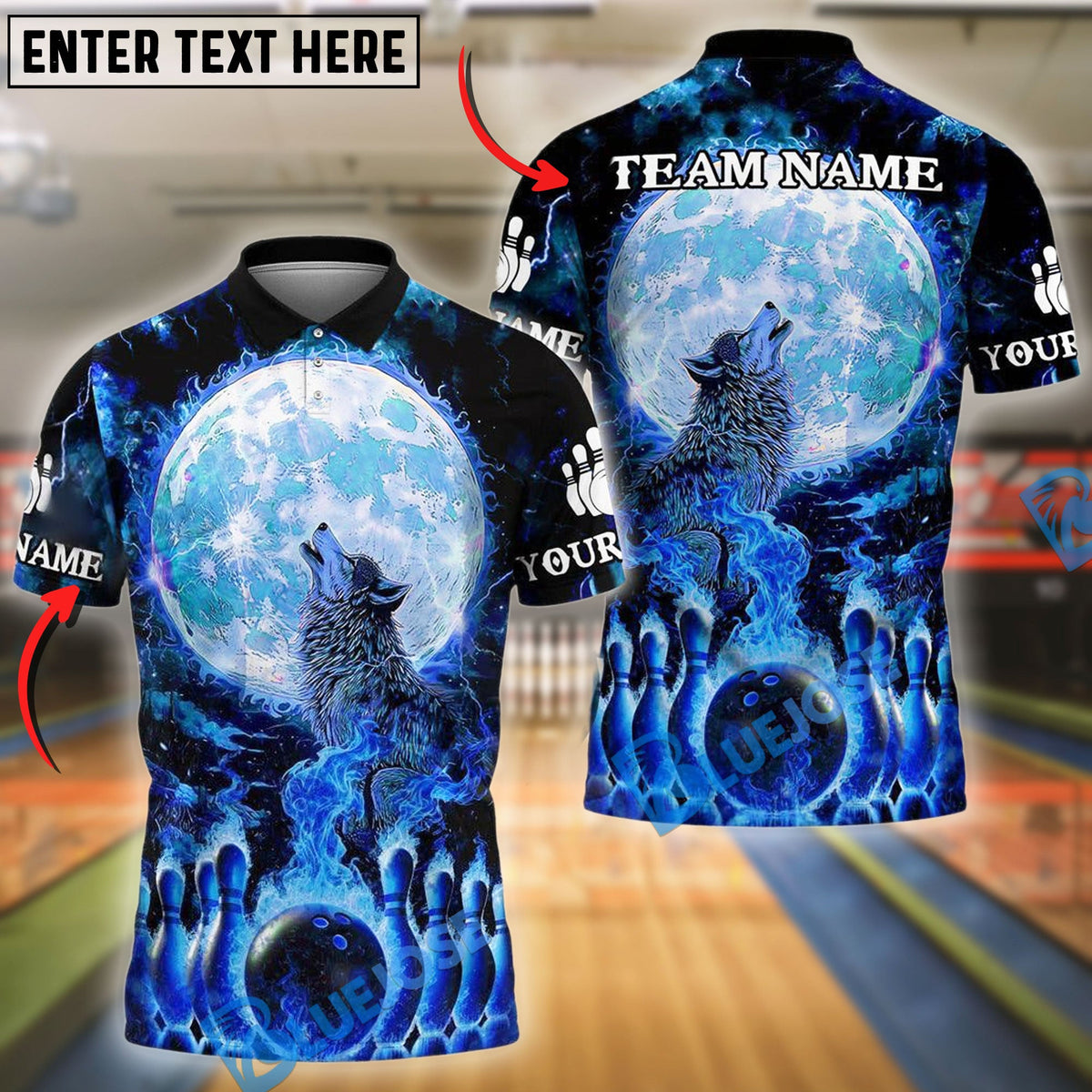 BlueJose Bowling And Pins Moon Wolf Flame Pattern Customized Name, Team Name 3D Shirt (4 Colors)