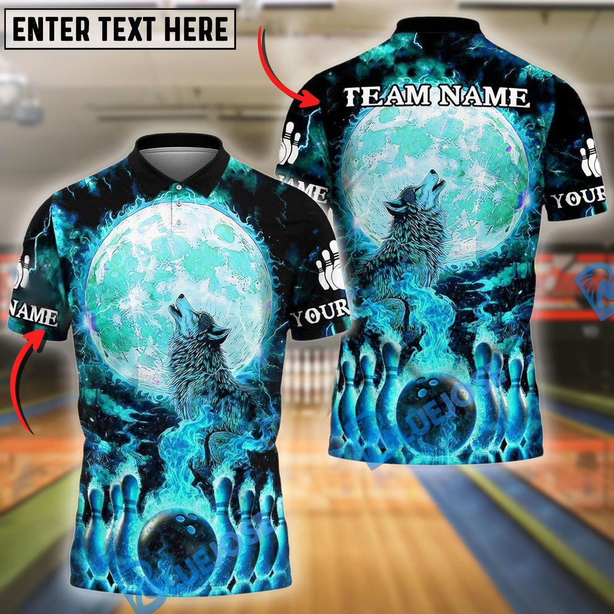 BlueJose Bowling And Pins Moon Wolf Flame Pattern Customized Name, Team Name 3D Shirt (4 Colors)