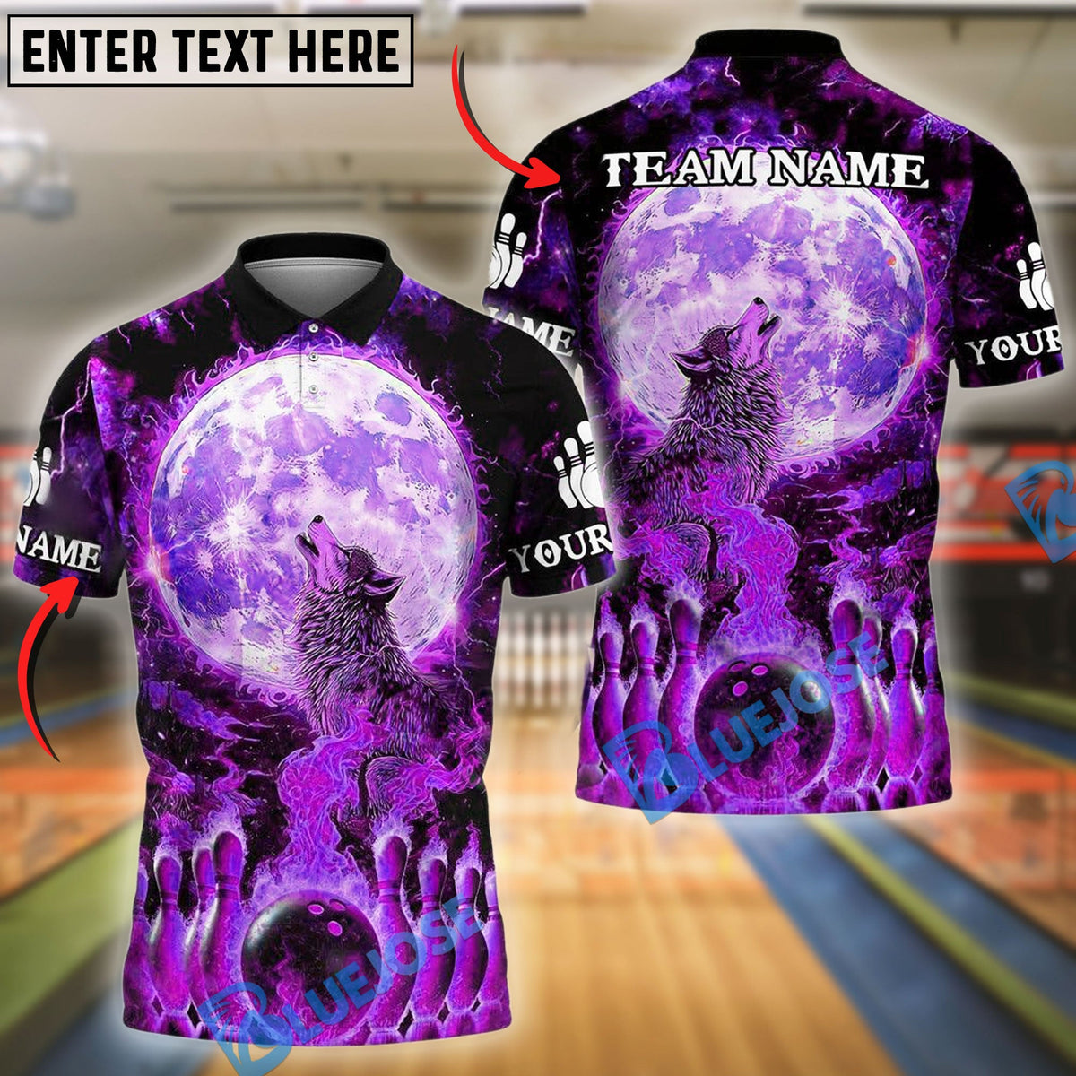 BlueJose Bowling And Pins Moon Wolf Flame Pattern Customized Name, Team Name 3D Shirt (4 Colors)