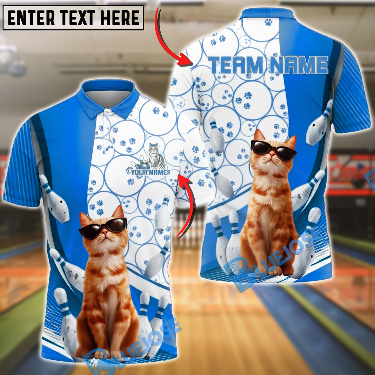 BlueJose Bowling Cat Cute Sunglasses Kitten Customized Name, Team Name 3D Shirt (4 Colors)