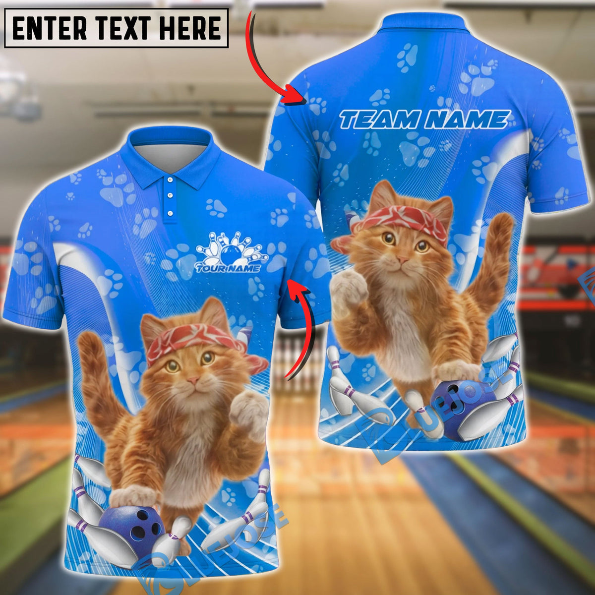 BlueJose Bowling Cat Cute Bandana Kitten Customized Name, Team Name 3D Shirt (4 Colors)