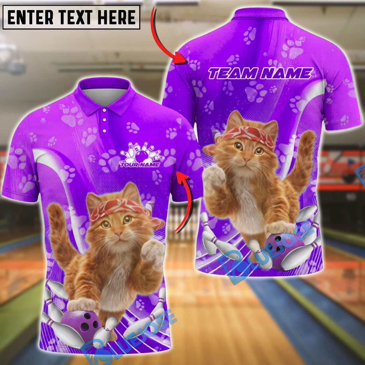 BlueJose Bowling Cat Cute Bandana Kitten Customized Name, Team Name 3D Shirt (4 Colors)