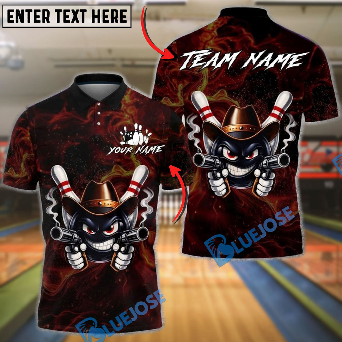 BlueJose Bowling & Pins Cowboy Gunslinger Customized Name, Team Name 3D Shirt (4 Colors)