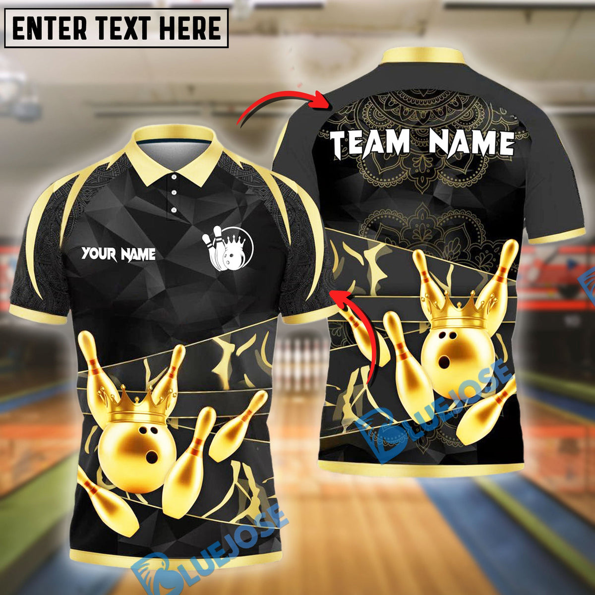 BlueJose Bowling And Pins Strike King Gold Flames Customized Name, Team Name 3D Shirt (4 Colors)