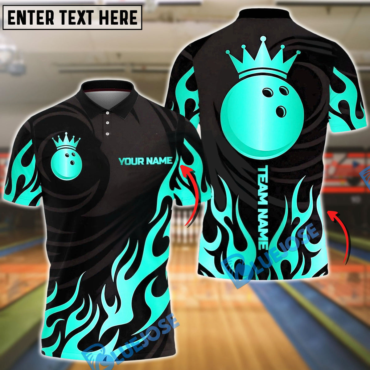 BlueJose Bowling And Pins Crown Golden Flames Customized Name, Team Name 3D Shirt (6 Colors)