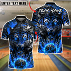 BlueJose Bowling And Pins Fierce Tiger Flaming Bowling Ball Power Customized Name, Team Name 3D Shirt (4 Colors)