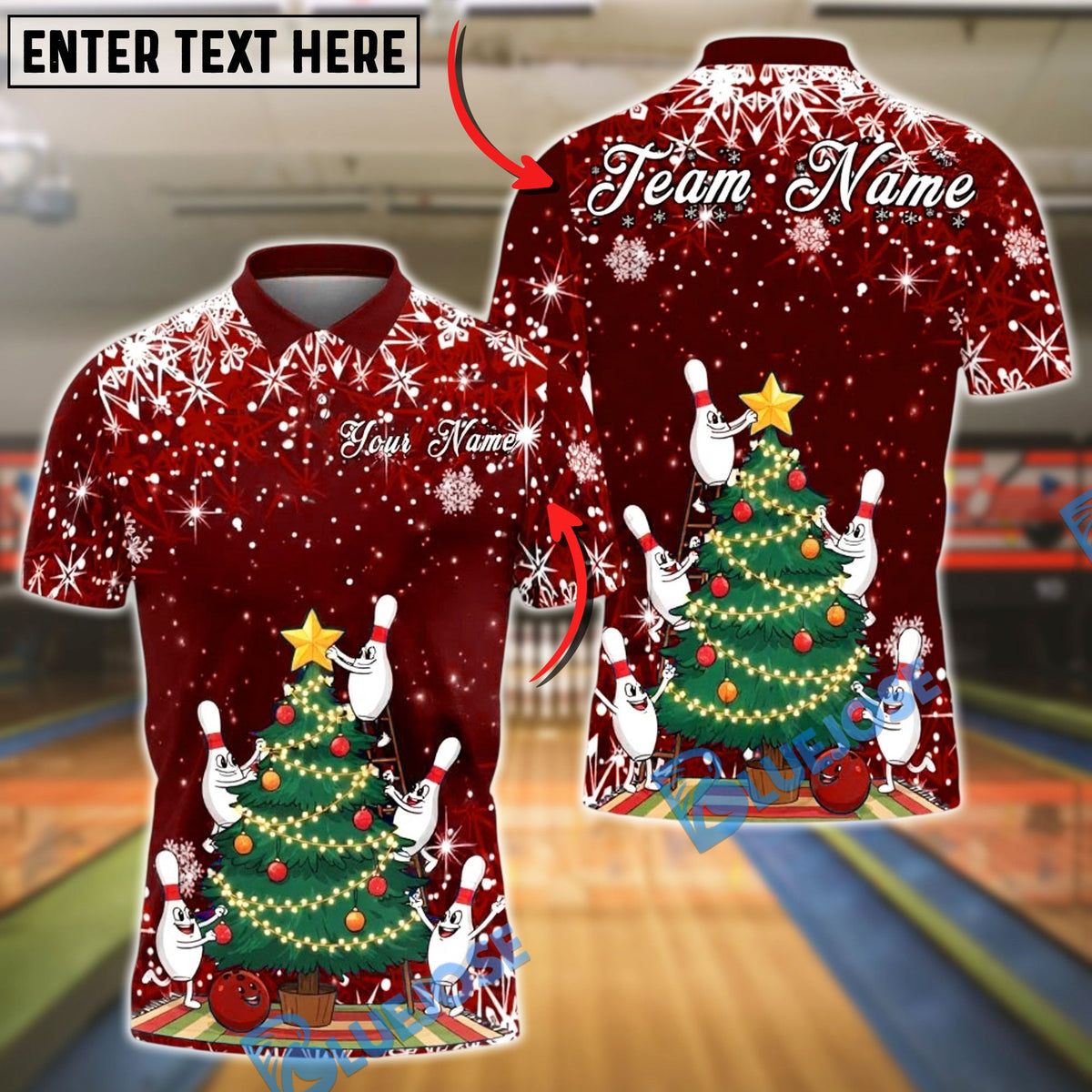 BlueJose Bowling And Pins Christmas Tree Holiday Snow Customized Name, Team Name 3D Shirt (4 Colors)