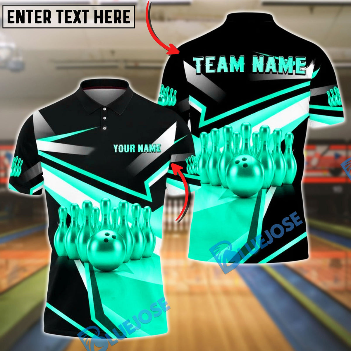 BlueJose Bowling And Pins Gold Metallic 3D Design Customized Name, Team Name 3D Shirt (6 Colors)