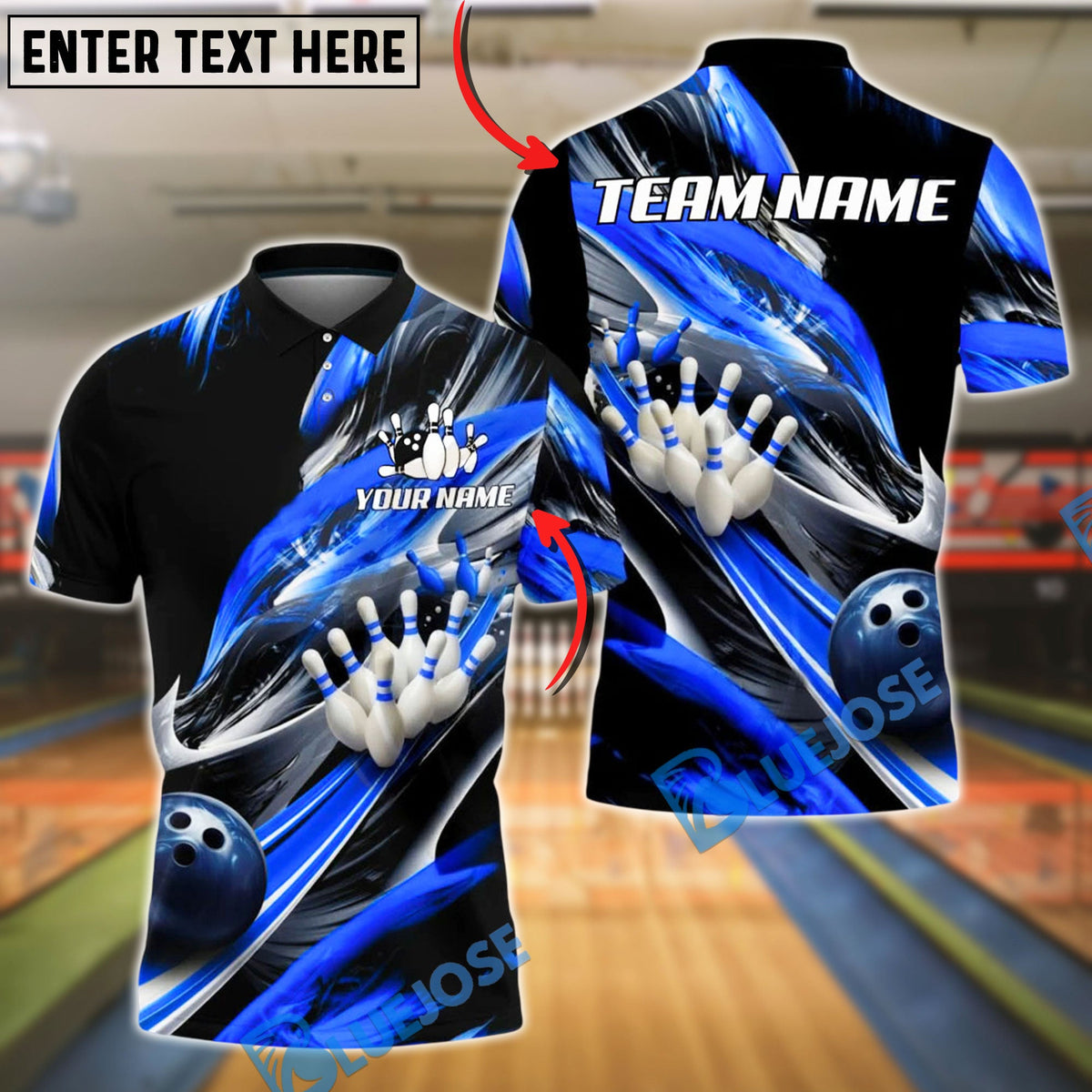 BlueJose Bowling And Pins Black Swirl Strike 3D Motion Design Customized Name, Team Name 3D Shirt (4 Colors)