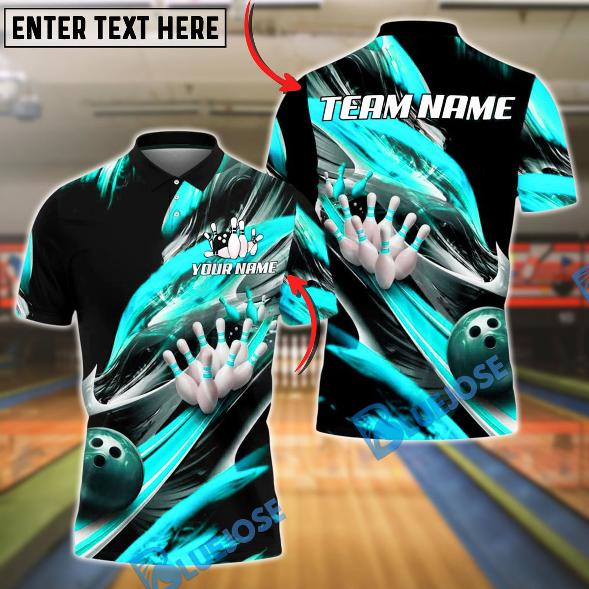 BlueJose Bowling And Pins Black Swirl Strike 3D Motion Design Customized Name, Team Name 3D Shirt (4 Colors)