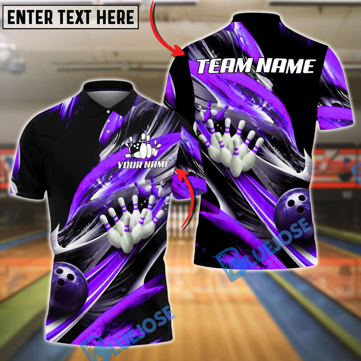 BlueJose Bowling And Pins Black Swirl Strike 3D Motion Design Customized Name, Team Name 3D Shirt (4 Colors)