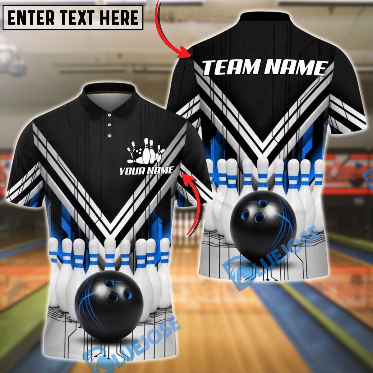 BlueJose Bowling And Pin Black White Red V-Stripe Strike Ball & Pins 3D Design Customized Name, Team Name 3D Shirt (6 Colors)
