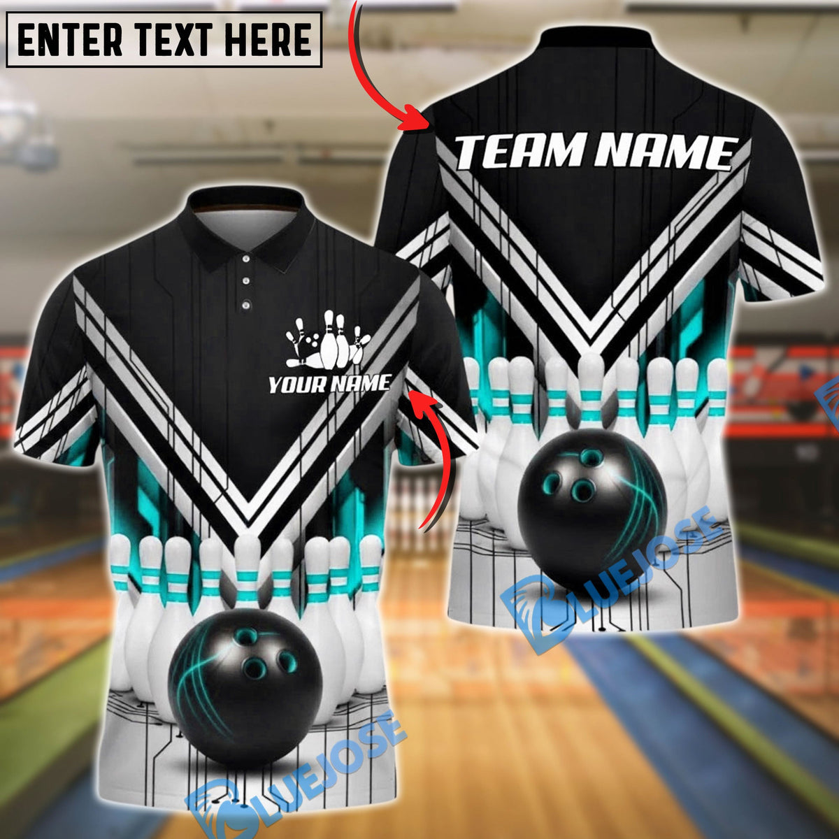 BlueJose Bowling And Pin Black White Red V-Stripe Strike Ball & Pins 3D Design Customized Name, Team Name 3D Shirt (6 Colors)
