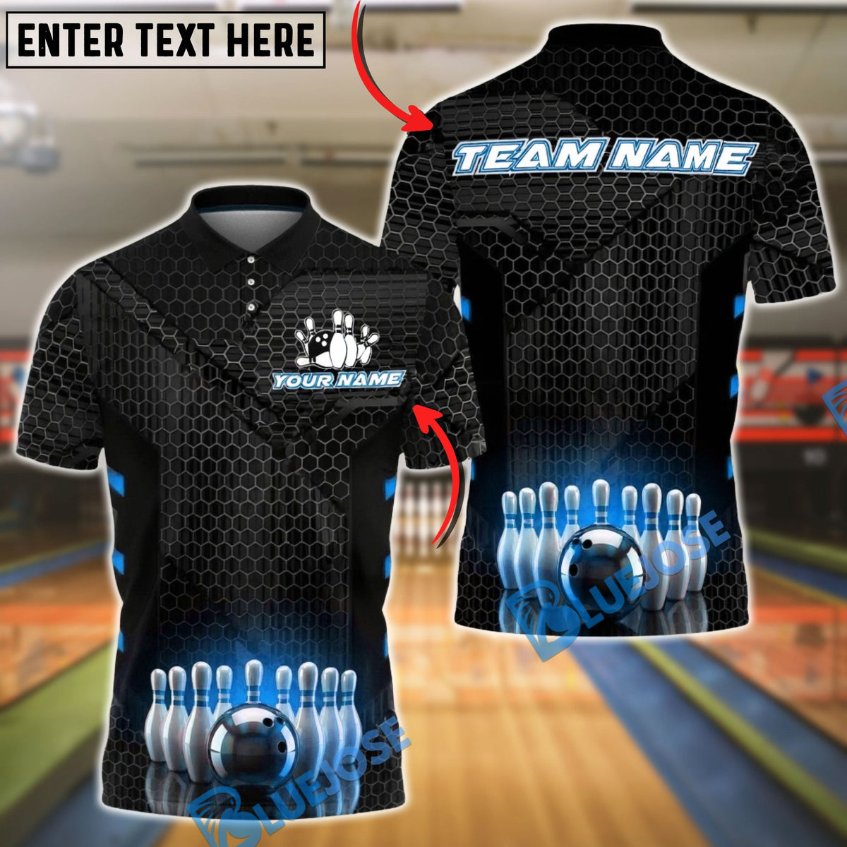 BlueJose Bowling Black Hexagon Tech Pattern Customized Name, Team Name 3D Shirt (4 Colors)