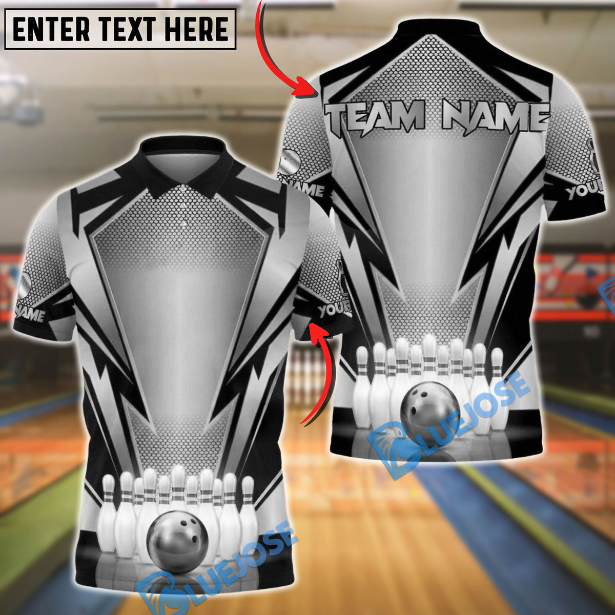 BlueJose Bowling Black Geometric Pattern Strike Design Customized Name, Team Name 3D Shirt (6 Colors)