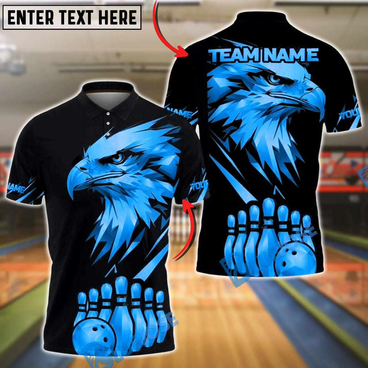 BlueJose Bowling Golden Eagle Black Background Customized Name, Team Name 3D Shirt (6 Colors)