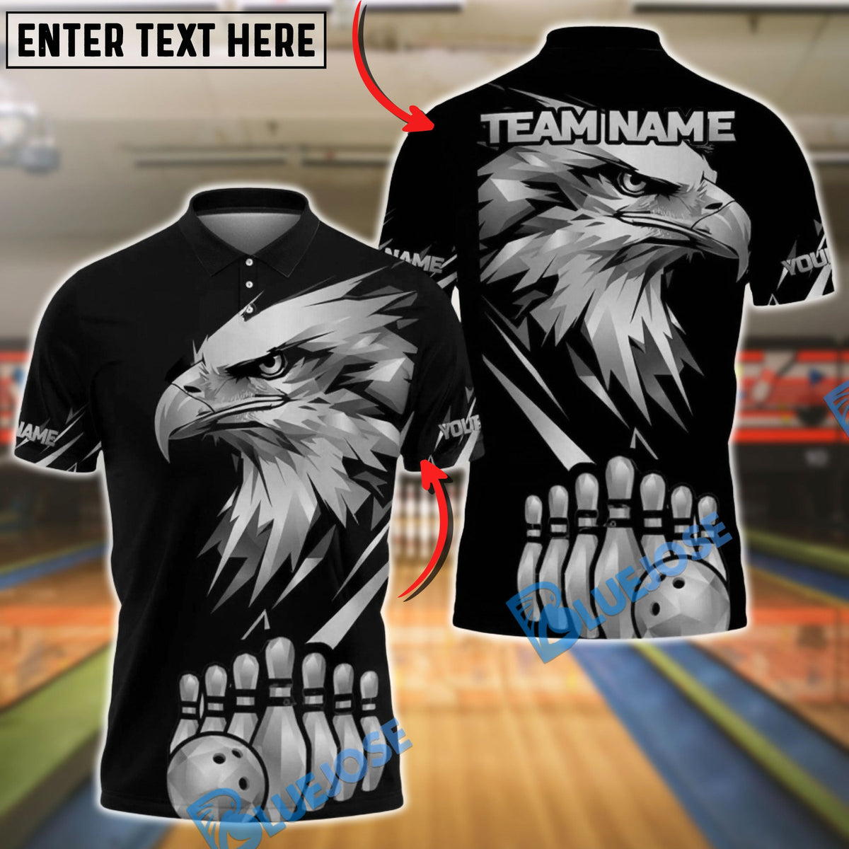 BlueJose Bowling Golden Eagle Black Background Customized Name, Team Name 3D Shirt (6 Colors)