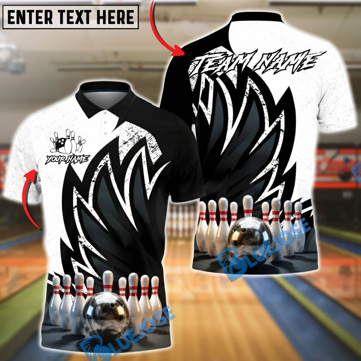 BlueJose Bowling Black White Wing Strike Ball Personalized Name, Team Name 3D Shirt