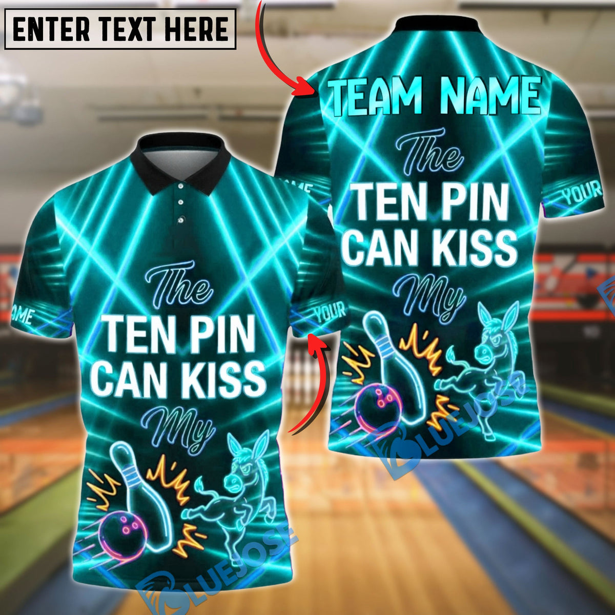 BlueJose Bowling Ten Pin Kiss My Neon Design Customized Name, Team Name 3D Shirt (4 Colors)