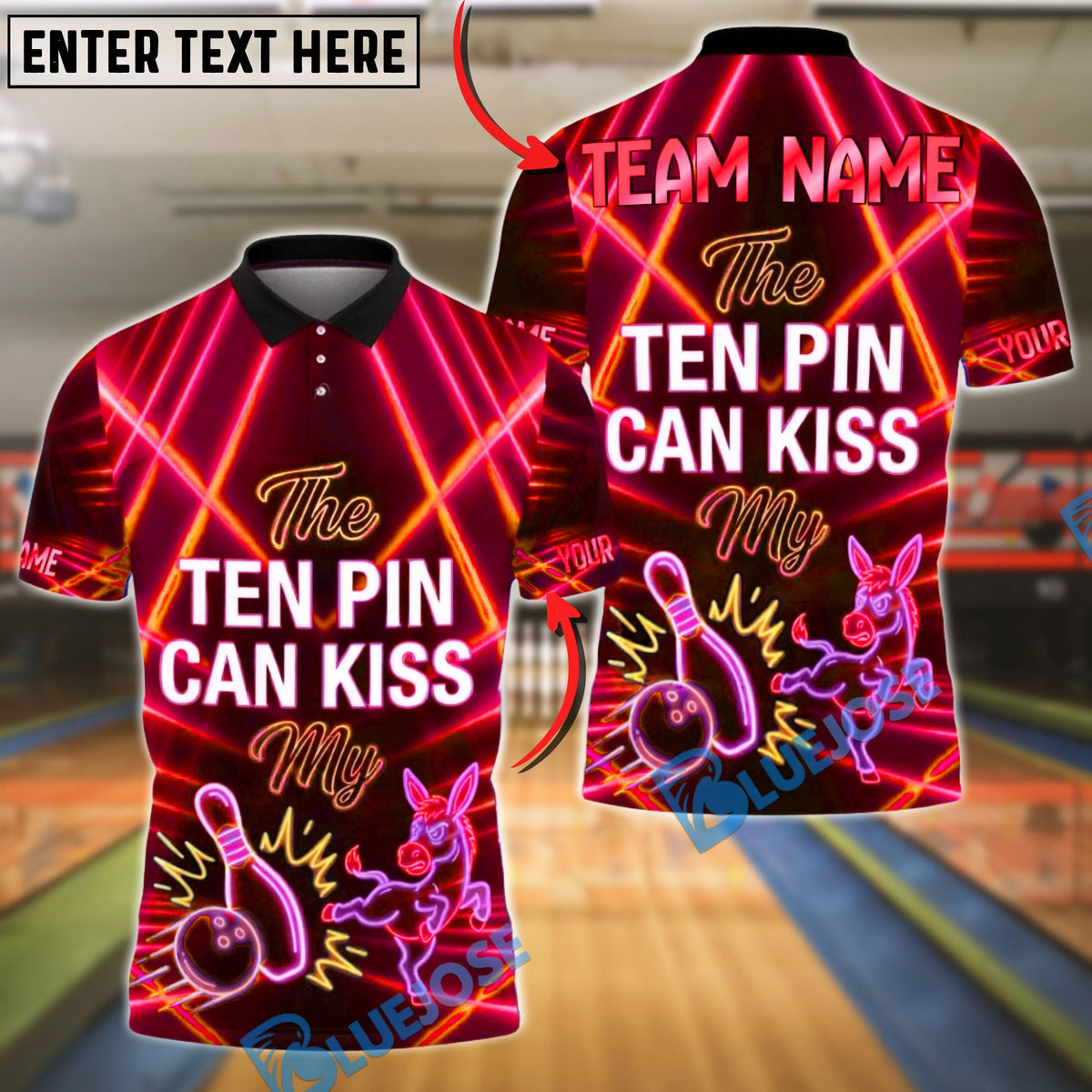 BlueJose Bowling Ten Pin Kiss My Neon Design Customized Name, Team Name 3D Shirt (4 Colors)