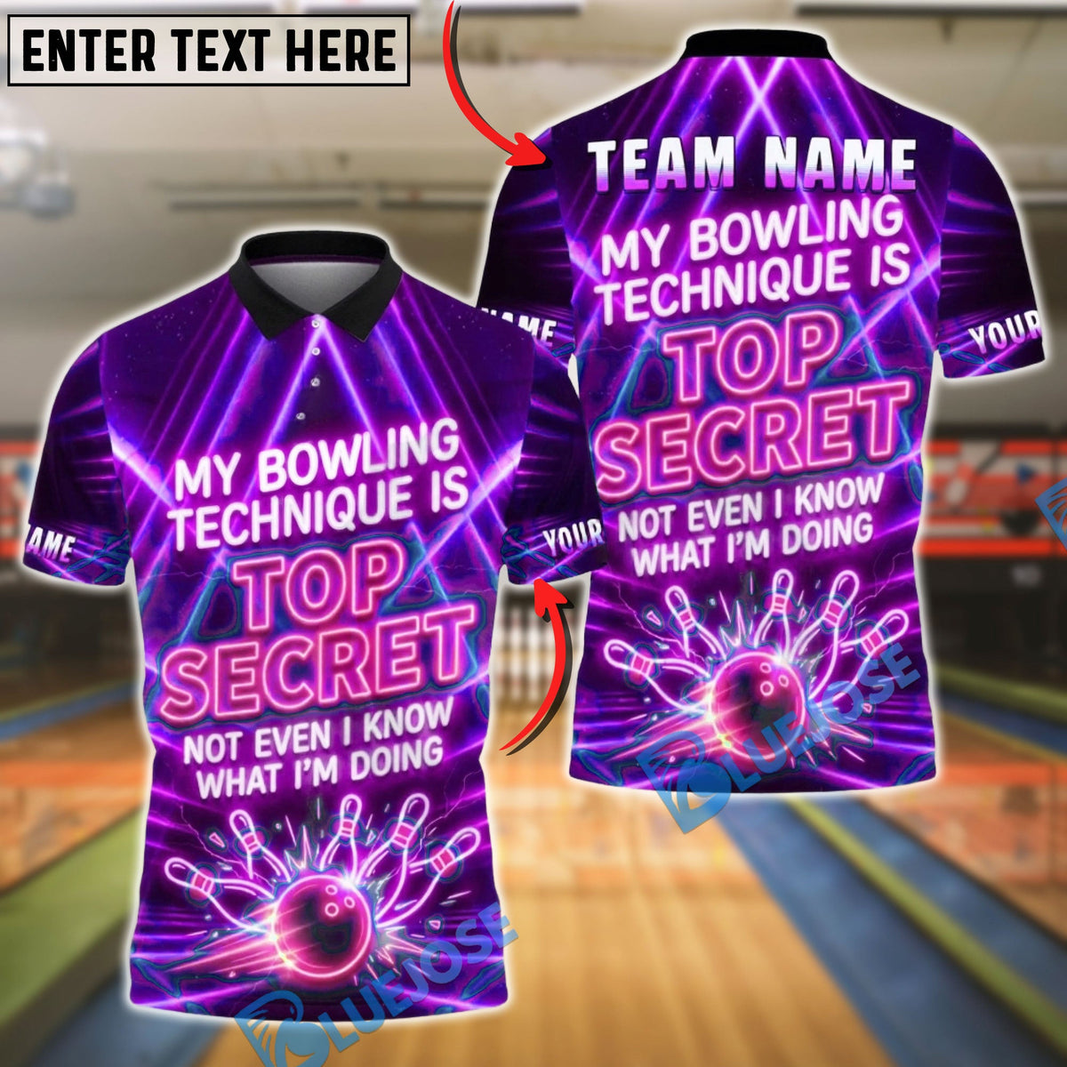 BlueJose Bowling Top Secret Technique Neon Design Customized Name, Team Name 3D Shirt (4 Colors)