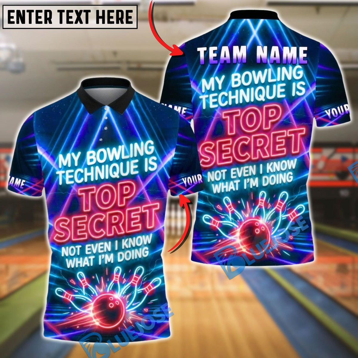 BlueJose Bowling Top Secret Technique Neon Design Customized Name, Team Name 3D Shirt (4 Colors)