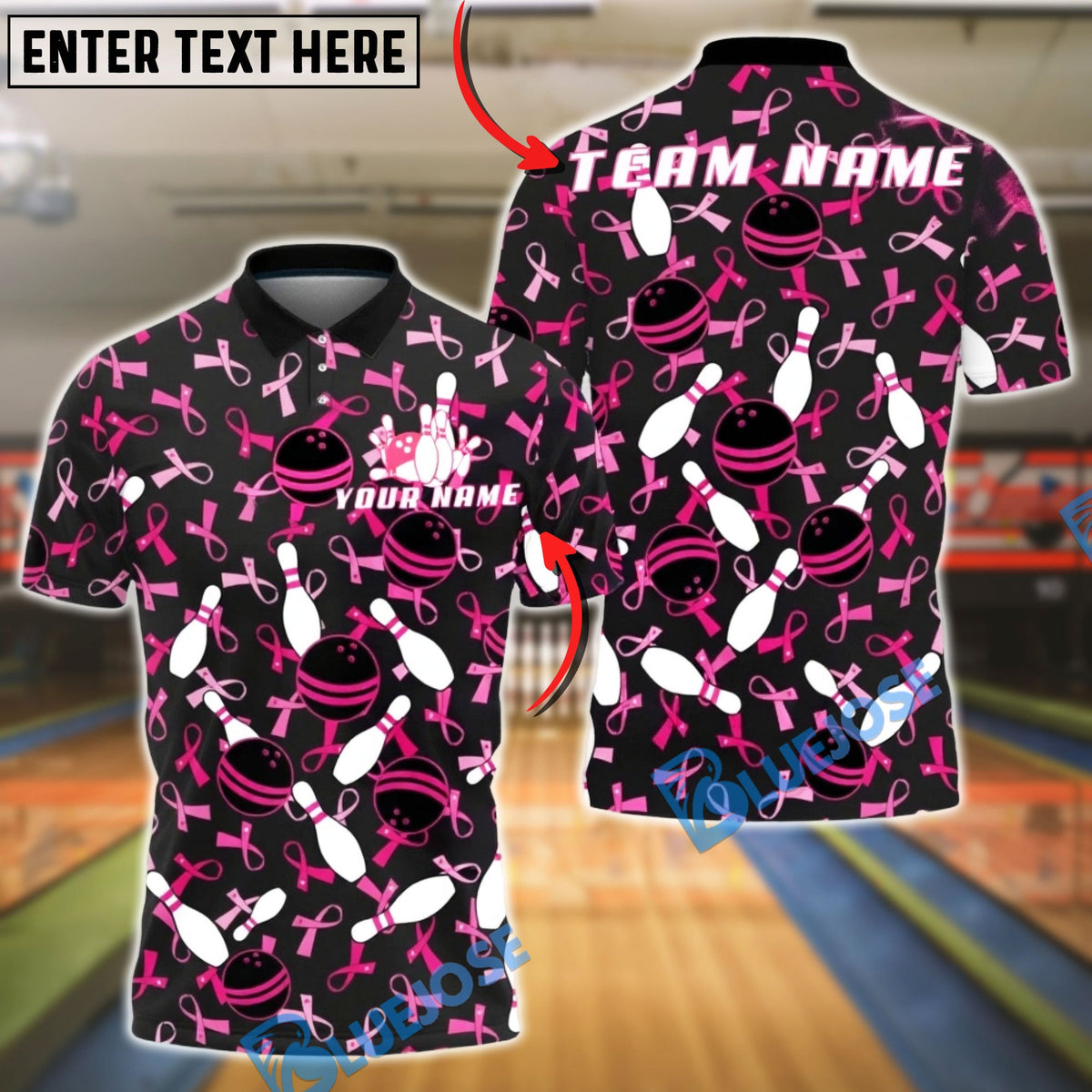 BlueJose Bowling Pink Ribbon Breast Cancer Awareness Pattern Personalized Name, Team Name 3D Shirt