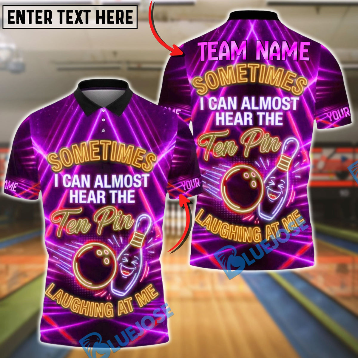 BlueJose Bowling Ten Pin Laugh Neon Design Customized Name, Team Name 3D Shirt (4 Colors)