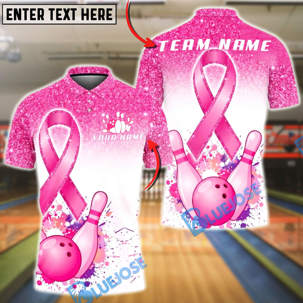 BlueJose Bowling Pink Ribbon Glitter Design Breast Cancer Personalized Name, Team Name 3D Shirt