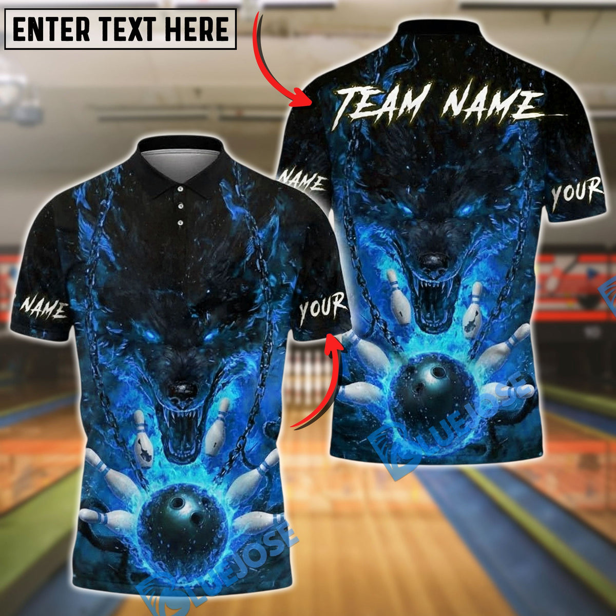 BlueJose Bowling And Pins Flaming Wolf Fire Ball Customized Name, Team Name 3D Shirt (4 Colors)