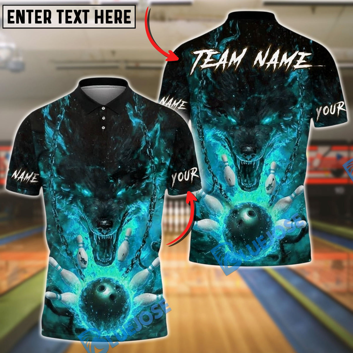 BlueJose Bowling And Pins Flaming Wolf Fire Ball Customized Name, Team Name 3D Shirt (4 Colors)