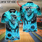 BlueJose Bowling And Pins Flaming Skull Strike Ball Fire Explosion 3D Design Customized Name, Team Name 3D Shirt (4 Colors)