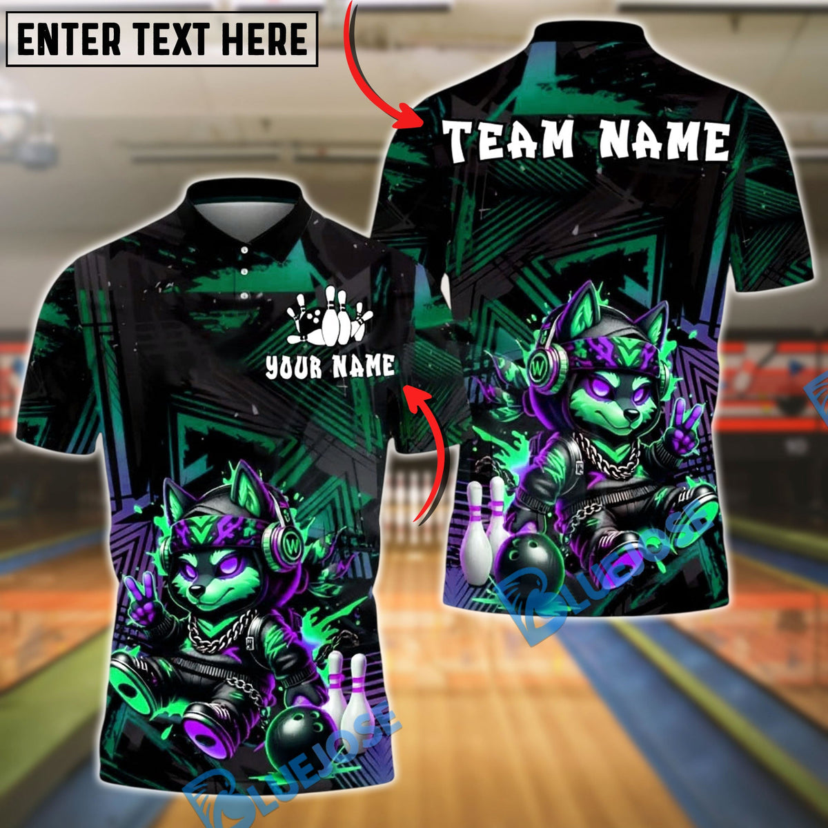BlueJose Bowling And Pins Neon Cyber Wolf Cartoon Customized Name, Team Name 3D Shirt (4 Colors)