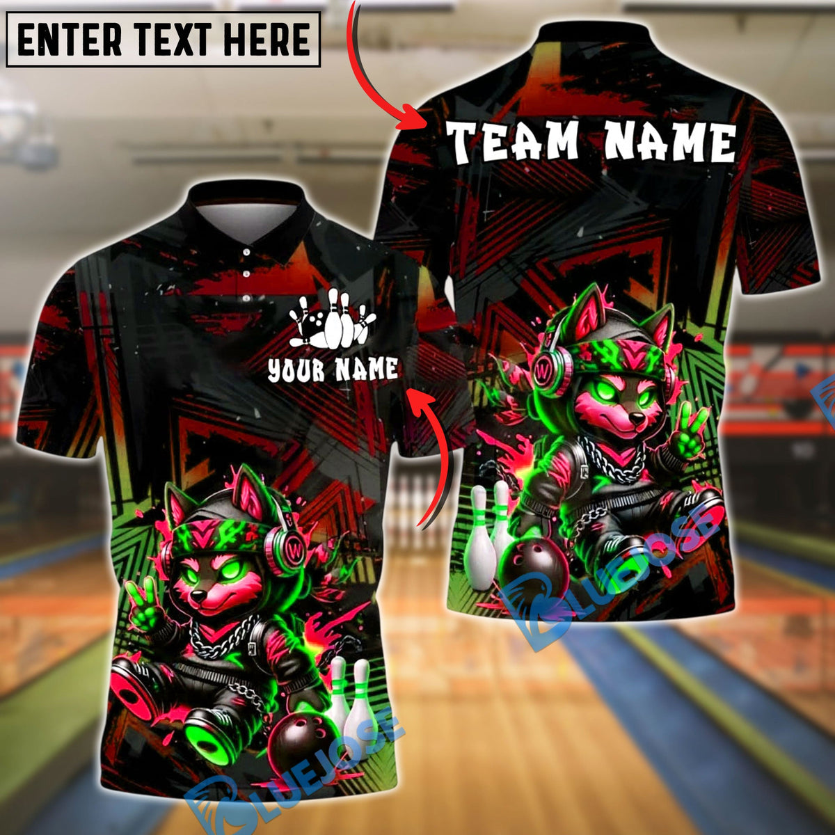 BlueJose Bowling And Pins Neon Cyber Wolf Cartoon Customized Name, Team Name 3D Shirt (4 Colors)