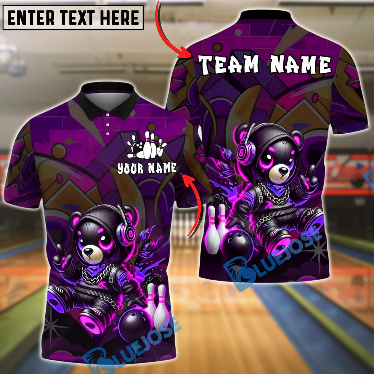 BlueJose Bowling And Pins Neon Cyber Bear Graffiti Style Customized Name, Team Name 3D Shirt (4 Colors)